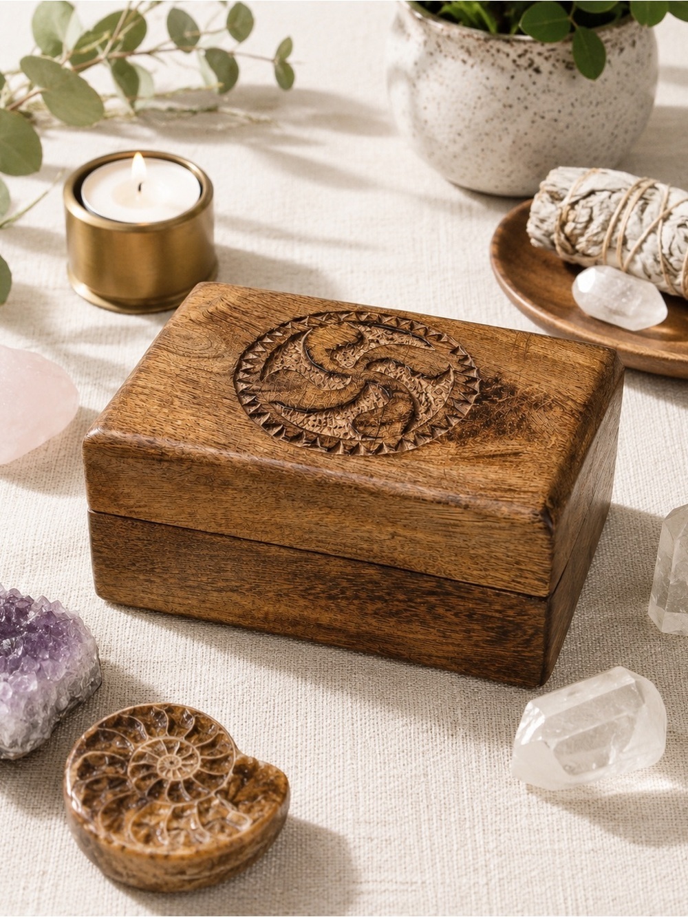 Solid Wood Engraved Trinket Box | Rustic Jewelry Storage | Hinged Keepsake Box